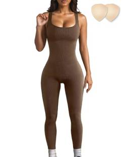 Merlvida Sport Jumpsuits für Damen Elastischer Figurformender Jumpsuit Damen Eng Nahtloser Bodysuit Bauchweg Overall Workout Body Einteiler Sportanzug von Merlvida