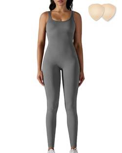 Merlvida Sport Jumpsuits für Damen Elastischer Figurformender Jumpsuit Damen Eng Nahtloser Bodysuit Bauchweg Overall Workout Body Einteiler Sportanzug von Merlvida