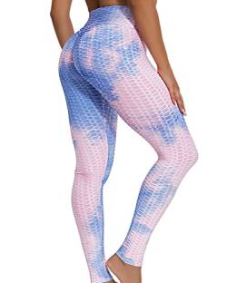 Merlvida Sport Leggings Damen High Waist, Anti Cellulite Push up Leggins Blickdicht mit Bauchkontrolle - Weich Elastisch Yogahose Sporthose Damen, Boom Booty Leggings für Damen, Rosa & Blau, L von Merlvida