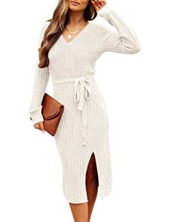 MEROKEETY Damen V Ausschnitt Zopfstrick Pulloverkleid Langarm Bodycon Schlitz Pullover Midikleid mit Gürtel, Weiß, Mittel von Merokeety