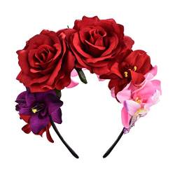 Merroyal Stirnband im Stil Frida Kahlo mit mexikanischer Blumenkrone, Party-Kostüm, Halloween, Kopfschmuck Gr. Einheitsgröße, Rot Violett Pink von Merroyal