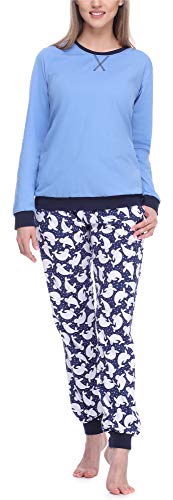 Merry Style Damen Lang Zweiteiliger Schlafanzug aus Baumwolle Pyjama Set Winter MS10-168 (Blau Punkte, L) von Merry Style