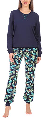 Merry Style Damen Lang Zweiteiliger Schlafanzug aus Baumwolle Pyjama Set Winter MS10-168 (Marineblau Blätter, L) von Merry Style