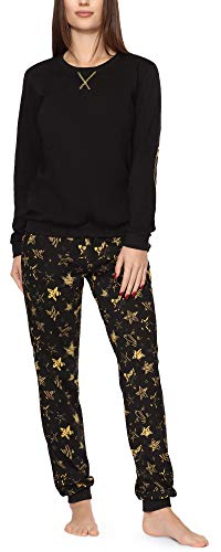 Merry Style Damen Lang Zweiteiliger Schlafanzug aus Baumwolle Pyjama Set Winter MS10-168 (Schwarz Gelbe Sterne, L) von Merry Style