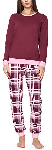 Merry Style Damen Schlafanzug Zweiteiler Pyjama lang bunt mit Muster (Weinrot/Kariert, XXL) von Merry Style