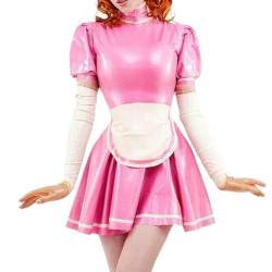 MesKeL Pink and White Sexy French Maid Latex Dress with Trims at Apron Rubber Uniform Playsuit Bodycon -Black with White-Female XL von MesKeL