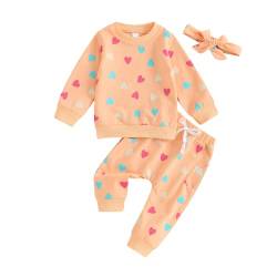 Baby Jungen Mädchen Liebe Herz Trainingsanzüge Set 3PCS Langarm Pullover Sweatshirt Hemd Elastische Taille Lange Jogginghose Bowknot Stirnband Valentinstag Bekleidungssets (Orange , 2-3 Years ) von Mesalynch