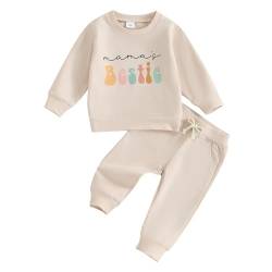 Mesalynch Baby Junge Mädchen MAMA'S BESTIE Bekleidungsset 2PCS Langarm Rundhals Sweatshirt Hemd Elastische Taille Jogger Lange Hose Kleinkind Valentinstag Trainingsanzüge (Beige, 3-6 Months) von Mesalynch