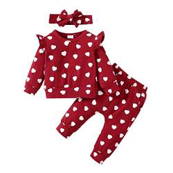 Mesalynch Baby Jungen Mädchen Liebe Herz Trainingsanzüge Set Langarm Pullover Sweatshirt Hemd Elastische Taille Lange Jogginghose Bowknot Stirnband Valentinstag Bekleidungssets (Rot, 6-9 Months) von Mesalynch