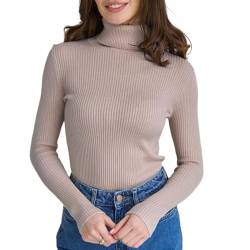 Mesalynch Damen Mode Strickpullover Langarm Rollkragen Einfarbig Pullover Hoch Elastisch Gerippt Slim Fit Hemd Frauen Lässige Basic Oberteile Strickwaren (Khaki, One Size) von Mesalynch