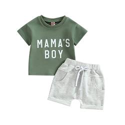 Mesalynch Kleinkind Baby Jungen Sommer Bekleidungsset MAMA'S BOY Kleidung Set 2 Stück Kurzarm Pullover T-Shirt Hemd Elastische Taille Kurze Hosen Jungen Tägliche Loungewear (Grün+Grau, 0-6 Months) von Mesalynch