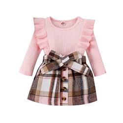 Mesalynch Kleinkind Baby Mädchen Rock Bekleidungsset 2PCS Langärmelige Rüsche Gerippter Pullover T-Shirt Hemd Karos A-Linie Bowknot Bund Rock Set Mode Kleidung Set (Rosa1, 9-12 Months) von Mesalynch