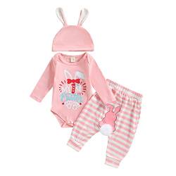 Mesalynch Neugeborene Baby Jungen Mädchen Mein 1 Erstes Ostern Bekleidungsset 3PCS Langarm Ostern Hase Strampler Body Streifen Lange Hose 3D Hase Ohr Hut Baby Ostern Kleidung (Rosa1, 9-12 Months) von Mesalynch