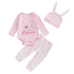 Mesalynch Neugeborene Baby Jungen Mädchen Mein 1 Erstes Ostern Bekleidungsset 3PCS Langarm Ostern Hase Strampler Body Streifen Lange Hose 3D Hase Ohr Hut Baby Ostern Kleidung (Rosa2, 9-12 Months) von Mesalynch