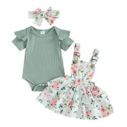 Mesalynch Neugeborenes Baby Mädchen Blumen Bekleidungsset 3pcs Strampler Rock Set Kurzarm Rüschen Schulter Strampler Strapse Tutu Rock mit Stirnband Mädchen Sommer Kleidung (Grün4, 6-12 Monate) von Mesalynch