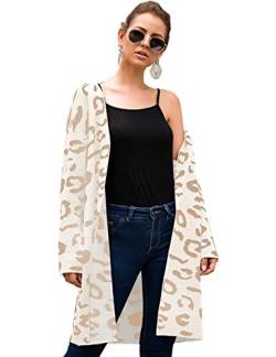 Damen Cardigan Lang Strickmantel - Langarm Sweatjacke Leopard Strickjacke Lose Mantel Langarmshirt Für Winter Herbst (Beige, S) von Mescara