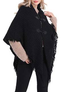 Mescara Poncho-Schal Strick Poncho mit Knebelknopf Umhang Fransen V-Ausschnitt Elegant Cape lässiger Passform (Schwarz) von Mescara