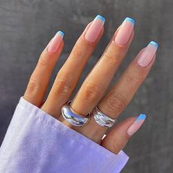 24 Stücke quadratische französische künstliche Nägel,glänzende mittlere Länge falsche Nägel Volle Abdeckung künstliche Nägel Tipps für Frauen und tägliche Dekoration (Blau) von Meschett