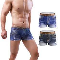 Meshal Herren Sexy Fake Jeans Unterwäsche Stretch 3D Denim Print Personalisierte Boxershorts(2er Pack) 2XL von Meshal