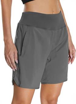 Mesing Damen Sporthose Kurz Laufhose High Waist Sport Shorts Atmungsaktiv Fitness Kurze Hose mit Innenslip und Reißverschlusstasche Hinten DK3085W-Grey-XS von Mesing