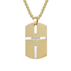 Collier Edelstahl Gold, Hundemarke mit Cubic Zirkonia Kreuzanhänger Halskette mit Gittermuster aus 316L Edelstahl für Männer Gold von Mesnt