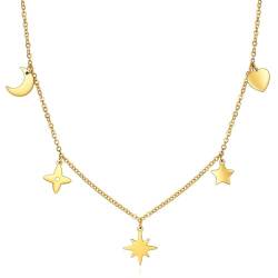 Halskette Gold, Edelstahl Kette mit kleinem Mond- und Sonnen-Anhänger für Damen Stil 3 von Mesnt