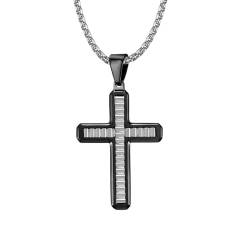 Ketten Für Männer Kreuz, Kreuz mit Rillen Anhänger Halskette aus Edelstahl für Herren Schwarz Silber von Mesnt