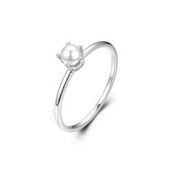 Mesnt Damen Ringe, Frauen 18K Weißgold Polierter dünner Ring mit Perle und Diamant (Größe Anpassen) von Mesnt