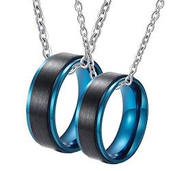 Mesnt Halskette Paare 2 Stück, Edelstahl Ketten mit Ringanhänger Blau Und Schwarz Gebürstet 8mm | Damen 54 (17.2) & Herren 62 (19.7) von Mesnt