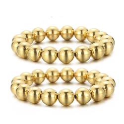Mesnt Ketten Armband Frauen, Edelstahl 12mm Perlenarmband 2 Stück Set 16cm Elastisch für Damen Gold von Mesnt