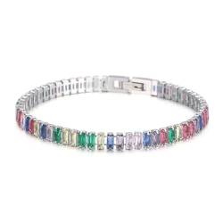 Mesnt Ketten Armband Frauen, Edelstahl Rechteckiges Cubic Zirkonia Kettenarmband 20cm für Frauen Silber Multicolor von Mesnt