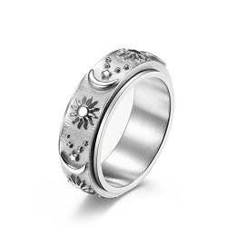 Mesnt Ring Silber Damen, Herren Ringe, Sonne-Mond-Stern-Fidget-Ringe Für Angst Ring aus Edelstahl Silber Größe 65 (20.7) von Mesnt