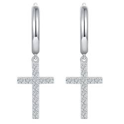 Ohrhänger Frauen, Damen 925 Sterling Silber Glatte Creolen mit Moissanit-Kreuzanhänger von Mesnt