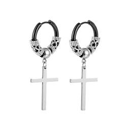 Ohrringe Vintage, Männer Frauen Edelstahl Gothic-Reifen-Ohrringe Mit Kreuzanhänger Schwarz Silber von Mesnt
