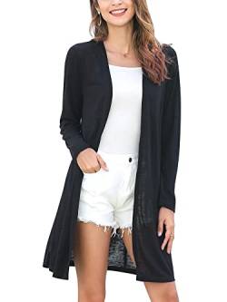 MessBebe Strickjacke Damen Lang Cardigan Sommer Langarm Offen Front Dünn Casual Leicht Frühling Schwarz S von MessBebe