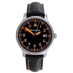 Messerschmitt Aristo Fliegeruhr Beobachter - Edelstahlgehäuse Ø42mm mit schwarzem Lederarmband orangene Akzente-Schweizer Quarzuhrwerk mit fluoreszierenden Zeigern und Datumsanzeige - Made in Germany von Messerschmitt