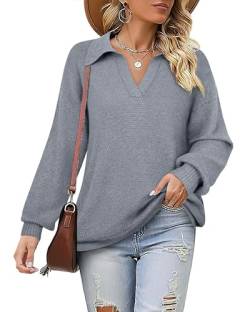 Messic Herbst Pullover Revers Kragen V-Ausschnitt Langarm Winter Pullover Zopfmuster Chunky Pullover für Frauen Trendy 2023, Farbe: Grau, X-Groß von Messic