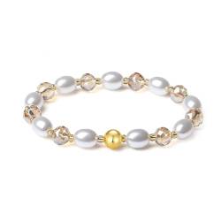 MetJakt Handgemachter Original Damen Armband Stretch Stretcharmband 8MM Kristalle Bunt Süßwasserperlen kernperle 18k Vergoldet Schmuck Kristall Armbänder für Damen (Silber Champagner) von MetJakt