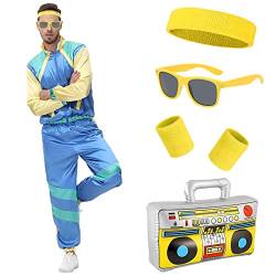 Metaparty 80er Jahre Outfit Herren Damen, Trainingsanzug 70er 80er Jacke Hose Anzug, 80er Jahre Kostüm mit Stirnband Armbänder Brille Paare, Retro Style Jogginganzug Bad Taste Outfit Karneval von Metaparty