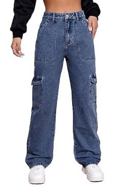 Metietila Damen High Waist Cargo Jeans Stretch Wide Leg Denim Pants Trendy, C-Authentic Blue, X-Groß von Metietila