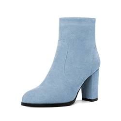 Mettesally Ankle Stiefel für Damen Chunky Blockabsatz Seite Reißverschluss Runde Slip On Stiefel Herbst Winter Stiefel Wildleder Schuhe Hellblau EU37 von Mettesally