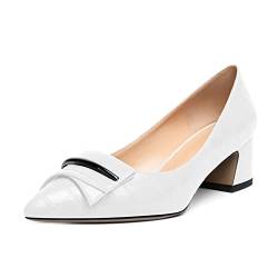 Mettesally Damen Blockabsatz Mid Heels Spitze Pumps Niedrige Absätze Schnalle Slip On Schuhe für Party Büro Weiß EU39 von Mettesally