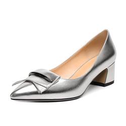 Mettesally Damen Blockabsatz Pumpen Geschlossen Gespitzte Niedrige Absätze Mittlere Absätze Schnalle Schleife Slip On Pumps Schuhe Silber EU36 von Mettesally