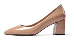 Mettesally Damen Blockabsatz Pumps, Spitze Zehen Ohne Verschluss Sexy Mittelhohem Schuhe für Frauen Patent Beige EU41 von Mettesally