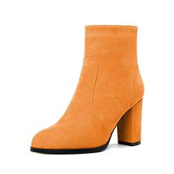 Mettesally Damen Chunky High Heel Ankle Stiefel Stiefel Rund Blockabsatz Stiefel Slip On Seite Reißverschluss Stiefel Party Kleid Wildleder Schuhe Orange EU38 von Mettesally