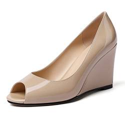 Mettesally Keilabsatz Pumps für Damen, Bequeme High Absatz Peep Offene Zehe Sommer Casual Strand Schuhe Nackt EU36 von Mettesally