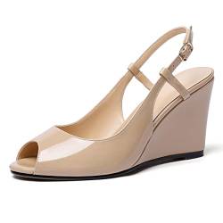 Mettesally Sandalen für Damen keilabsatz, Bequeme Slingback Sandalen Peep Toe High Heels Sommer Casual Strand Schuhe Beige EU41 von Mettesally