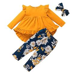 Babykleidung Set Baby Mädchen Kleidung Outfit Neugeborene Rüsche Langarm T-Shirt Rock und Floral Hose (90/18-24 M, Gelb) von Meufam