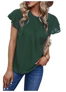 Bluse Damen Vintage O-Ausschnitt Rüschen Swiss Dot Shirt Kurzarm Tops Chiffon Lässige T-Shirt Elegant Oberteile (XXL, Grün) von Meufam