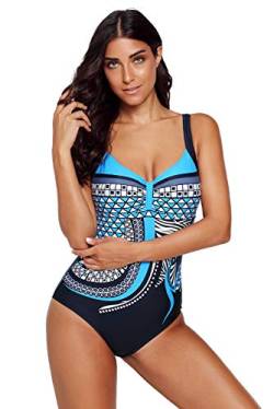 Meufam Badeanzug Damen Push up Oversize bademode bauchweg figurformend Bandeau große Größen Rückfrei Sportlich Swimsuit (Blau, XL) von Meufam